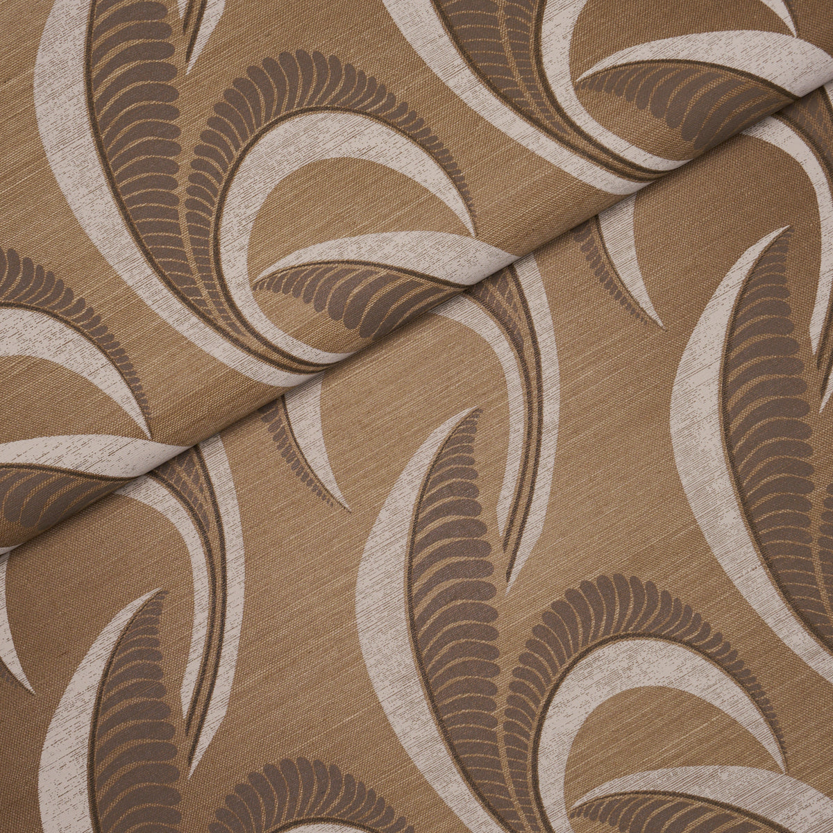 Brown fabric with tan & beige curved leaf motifs, folded corner, soft upholstery textile.