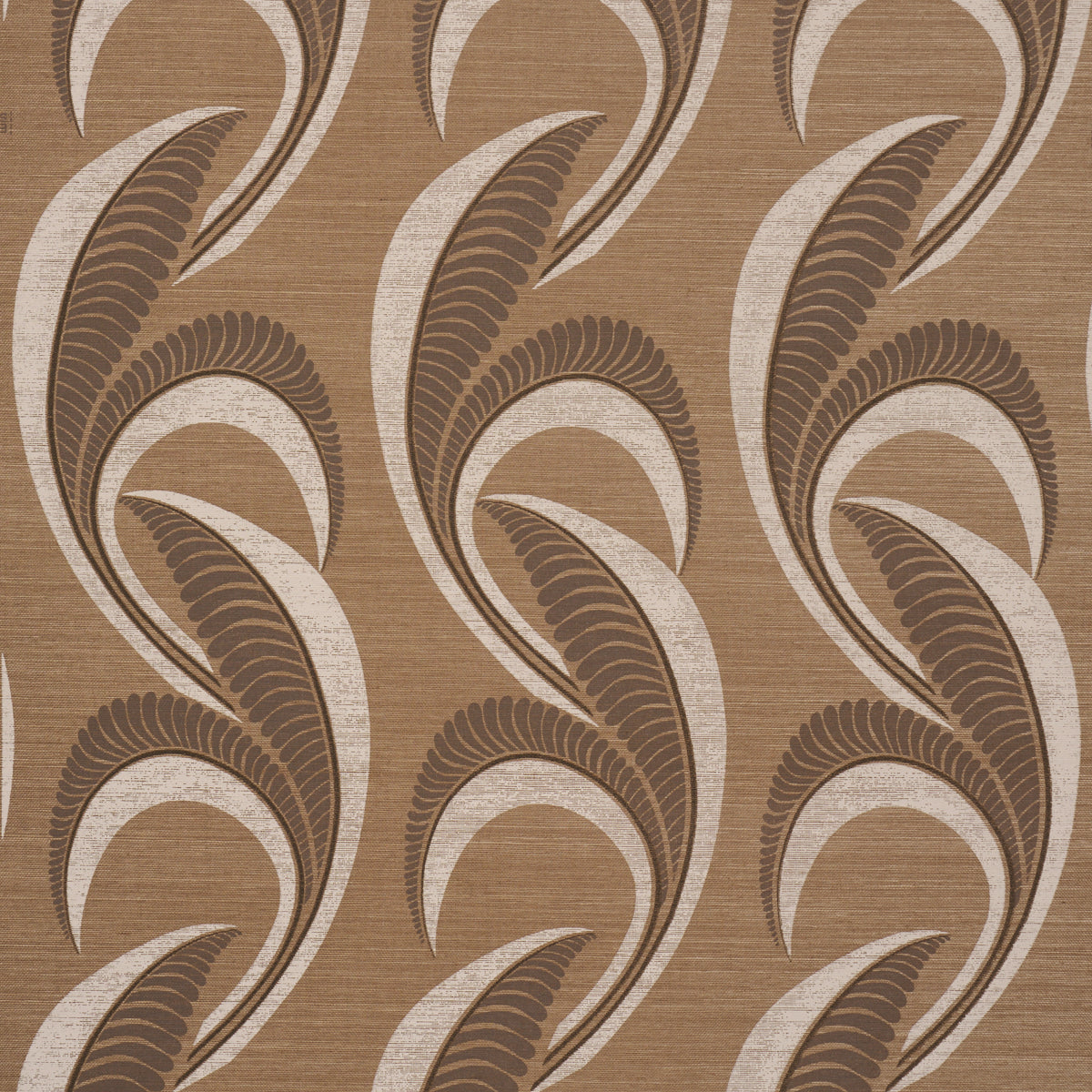 Brown and tan abstract leaf pattern wallpaper with sweeping curved shapes in retro style.