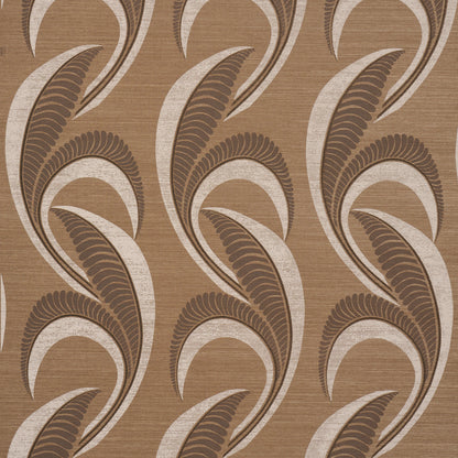 Brown and tan abstract leaf pattern wallpaper with sweeping curved shapes in retro style.