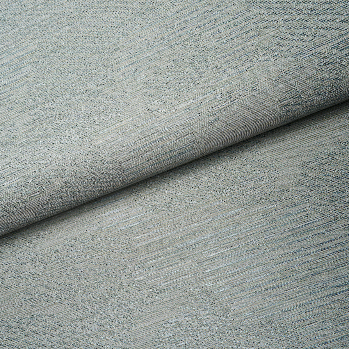 Light blue-gray textured woven wallpaper with a subtle jacquard pattern, rolled.
