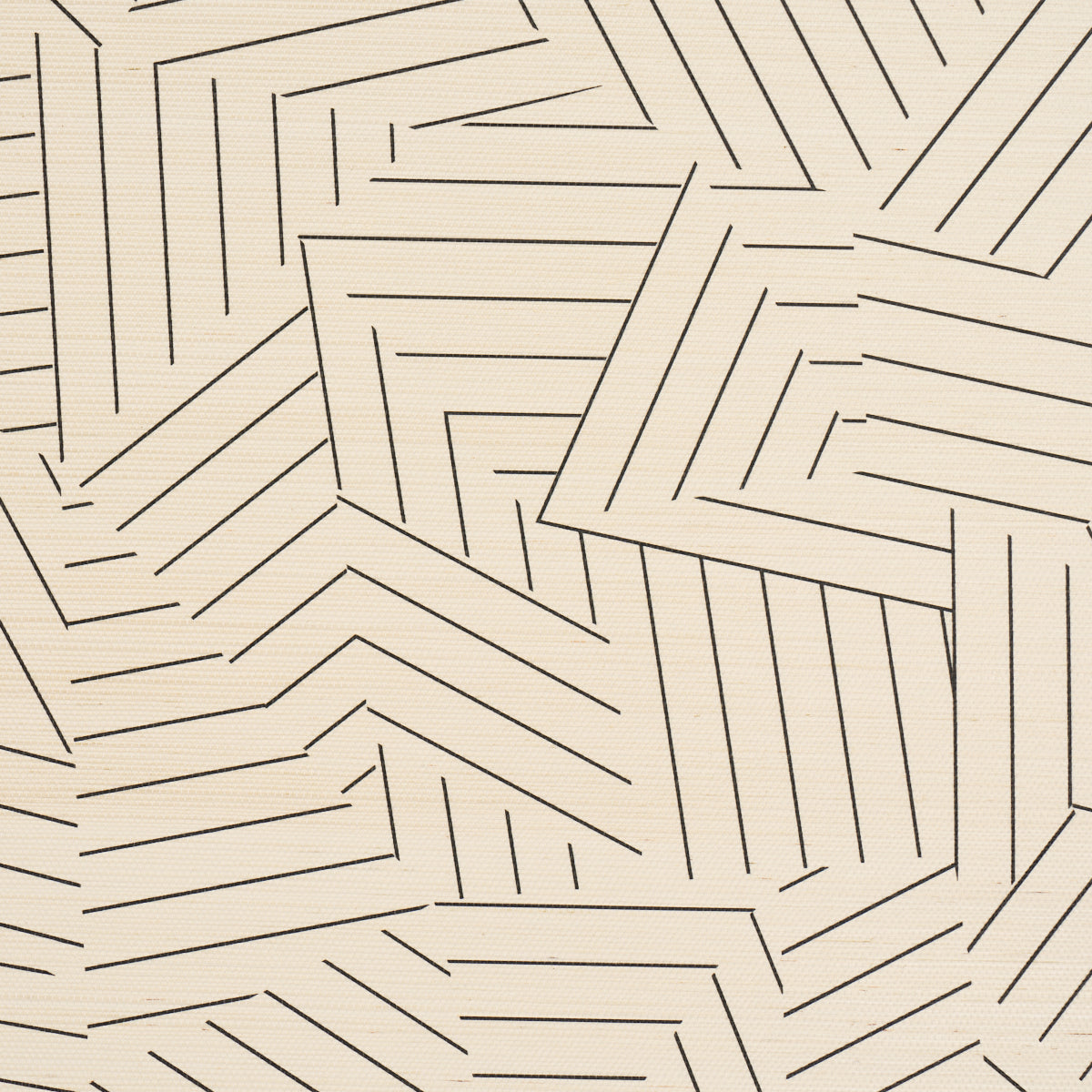 Beige textured wallcovering with a geometric pattern of thin black lines forming interlocking zigzag rectangles.