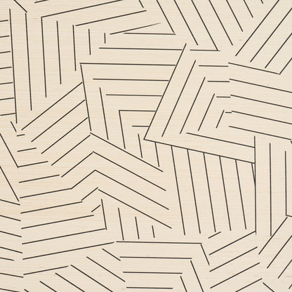 Beige textured wallcovering with a geometric pattern of thin black lines forming interlocking zigzag rectangles.