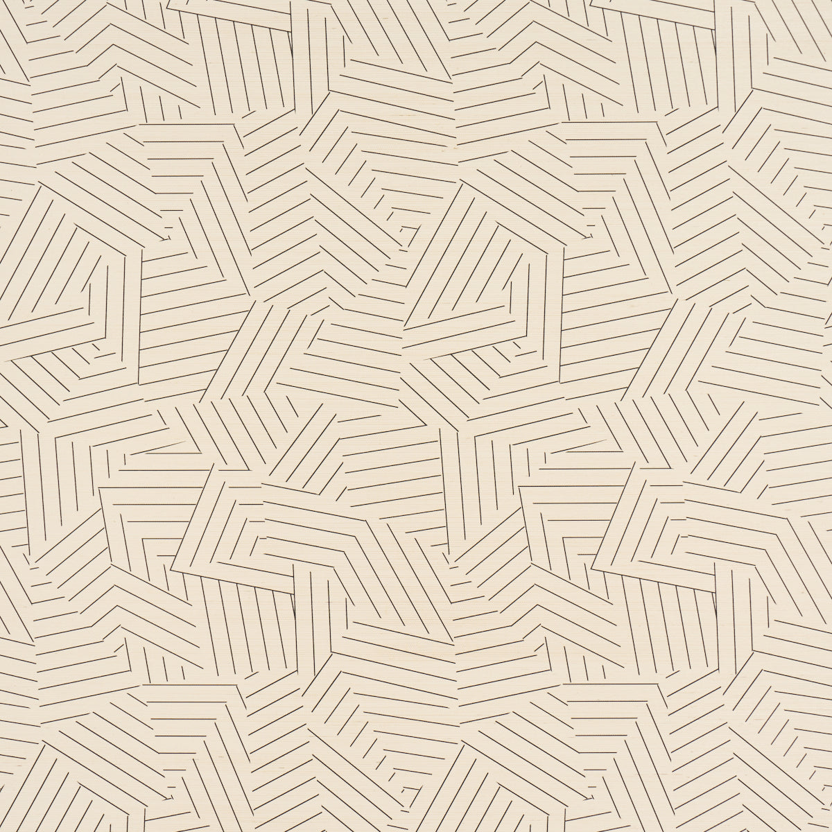 Beige wallpaper with interlocking tan geometric line pattern featuring angular square/spiral motifs.