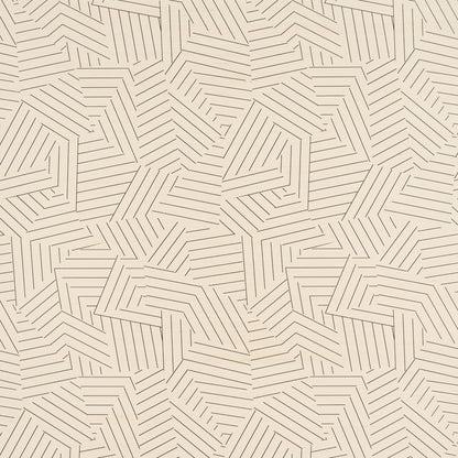 Beige wallpaper with interlocking tan geometric line pattern featuring angular square/spiral motifs.