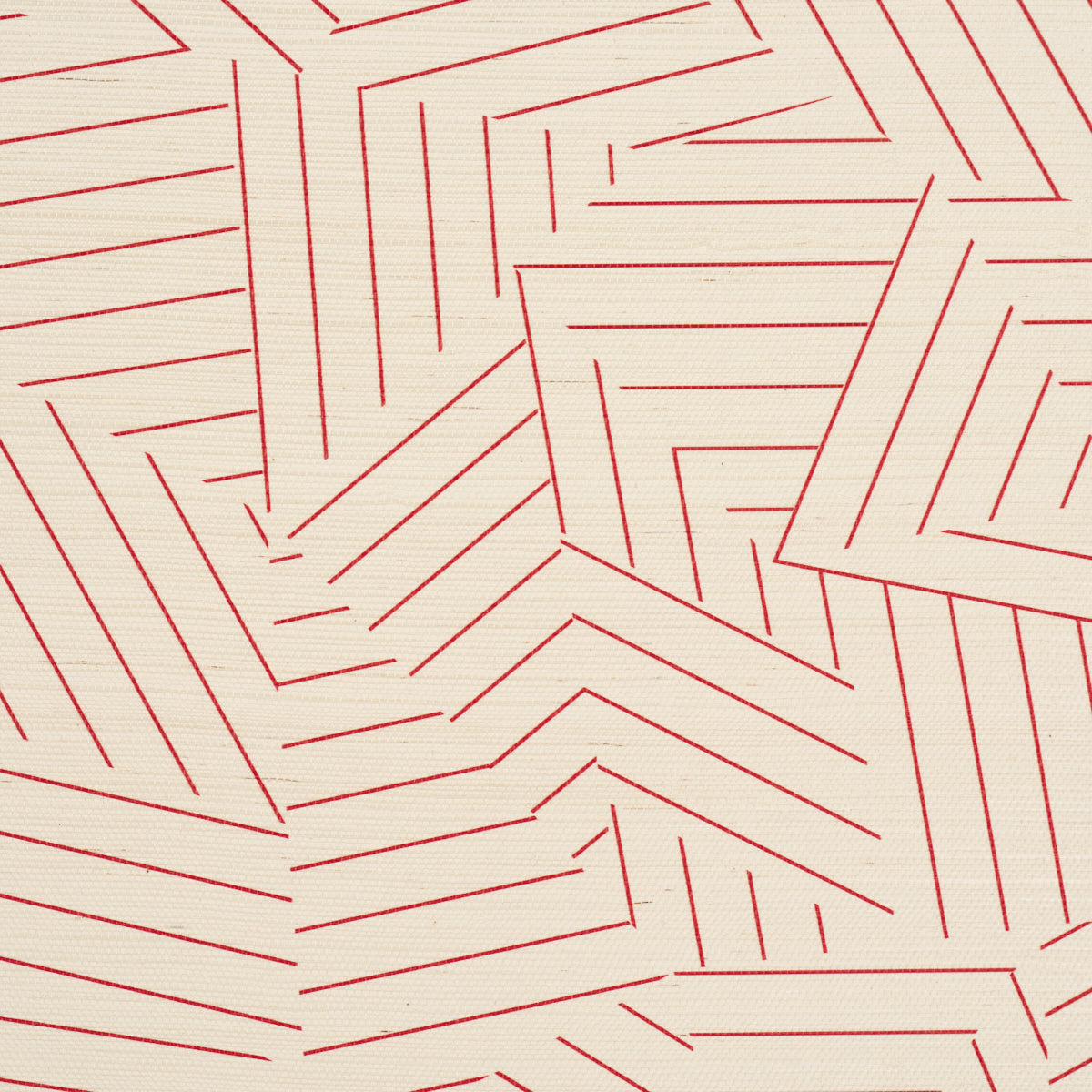 Red geometric line pattern on cream backdrop; angular chevrons and maze-like motifs on wallpaper.