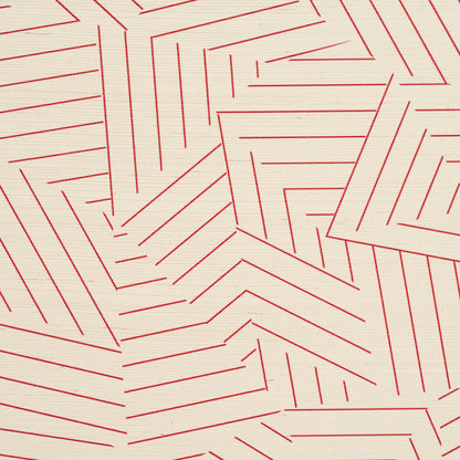 Red geometric line pattern on cream backdrop; angular chevrons and maze-like motifs on wallpaper.