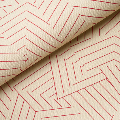 Cream textured wallcovering with a woven sisal texture and red deconstructed stripe pattern, folded to reveal a layered design.