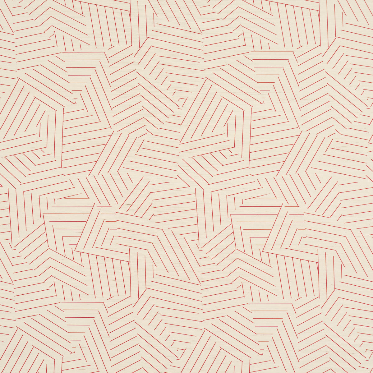 Cream background with red geometric line pattern of interlocking parallelograms; modern abstract print.