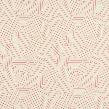 Cream background with red geometric line pattern of interlocking parallelograms; modern abstract print.