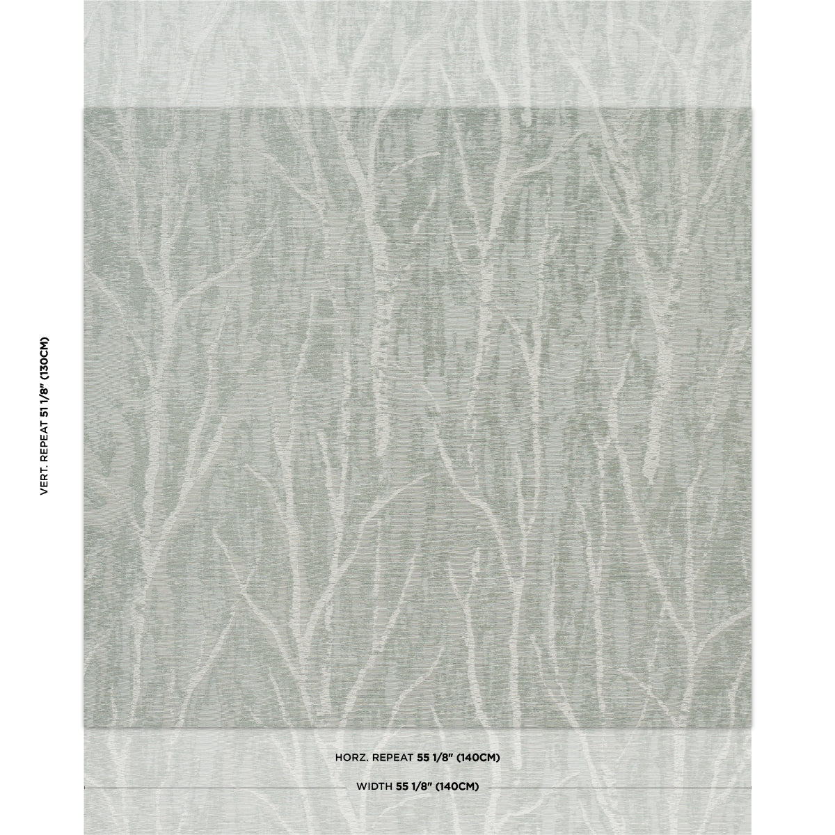 Grey wallpaper with white birch-branch pattern; two-panel design, horizontal repeat 55 1/8 in (140 cm).