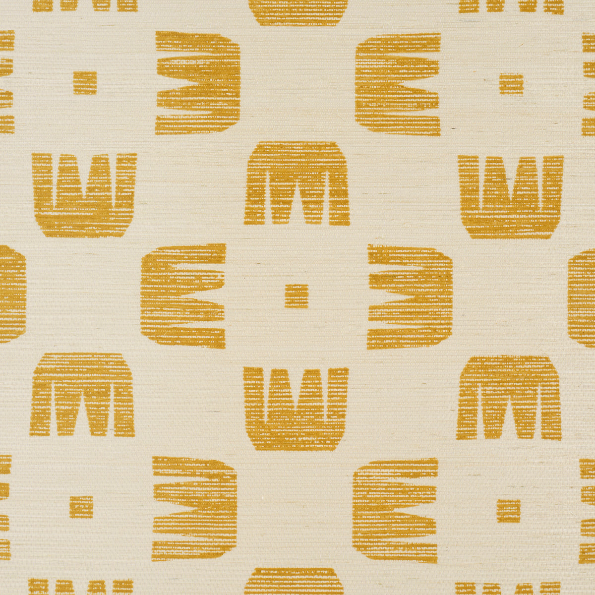 Beige fabric with a repeating mustard-yellow geometric pattern of striped U-shaped blocks.