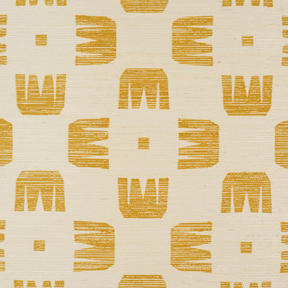 Beige fabric with a repeating mustard-yellow geometric pattern of striped U-shaped blocks.