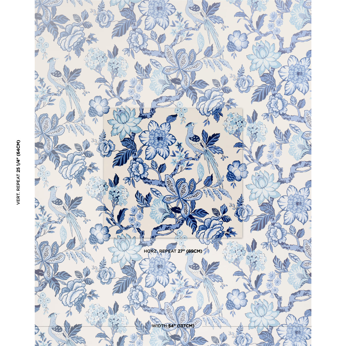Blue floral pattern on ivory background; dense vintage chinoiserie-style repeating wallpaper print.