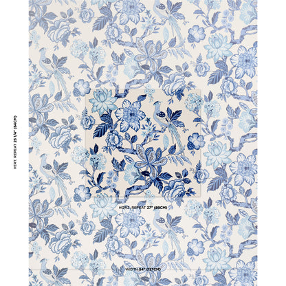Blue floral pattern on ivory background; dense vintage chinoiserie-style repeating wallpaper print.