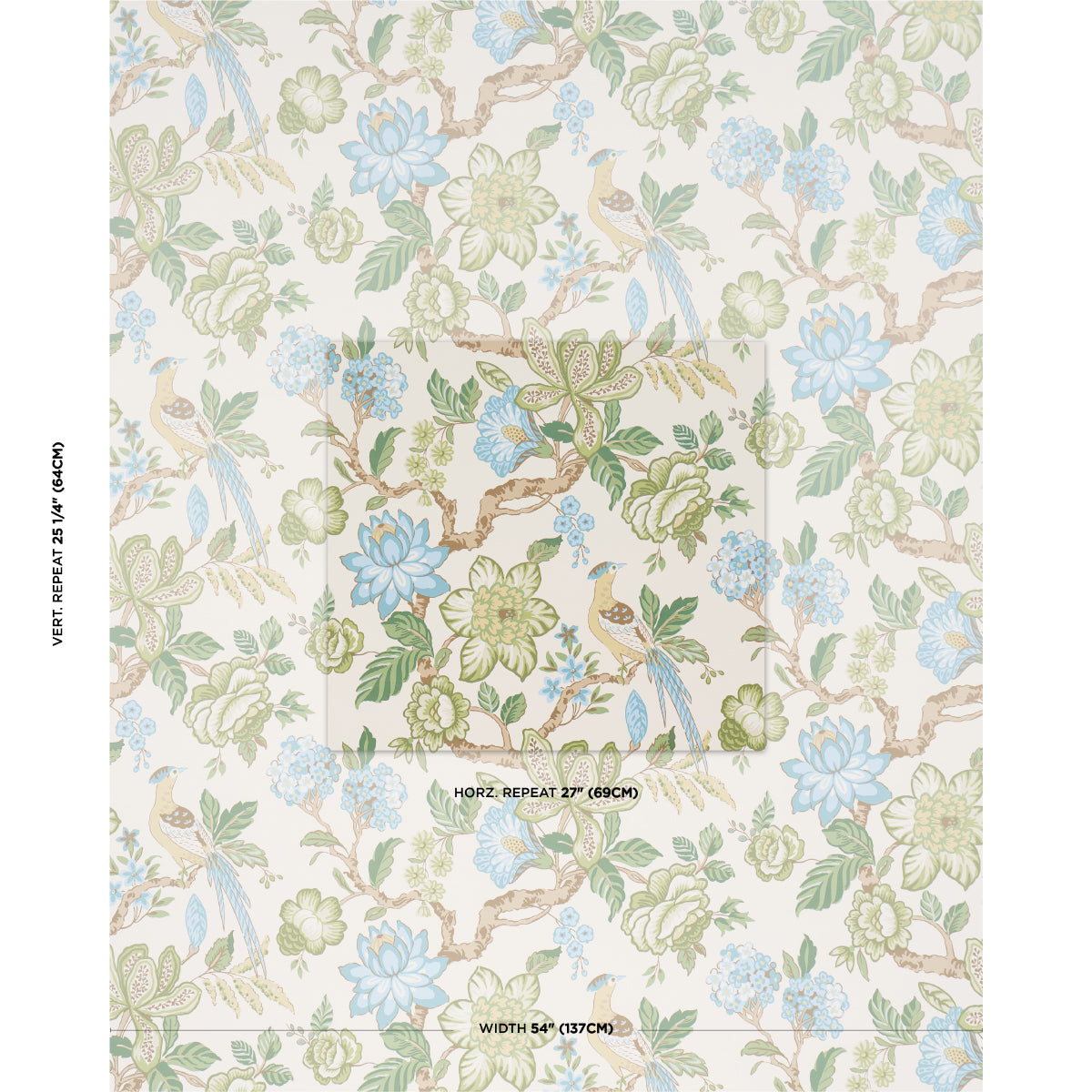 Pastel floral wallpaper pattern with blue and green blooms and brown branches on a cream background.