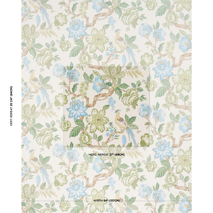 Pastel floral wallpaper pattern with blue and green blooms and brown branches on a cream background.