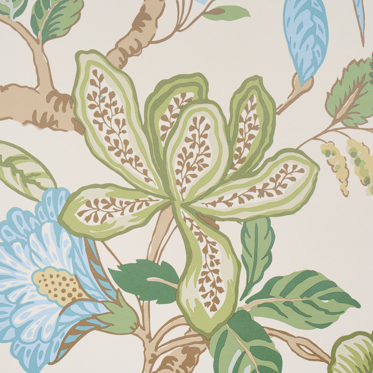 Pastel botanical wallpaper with large green and brown leaf clusters and blue floral accents on beige background.