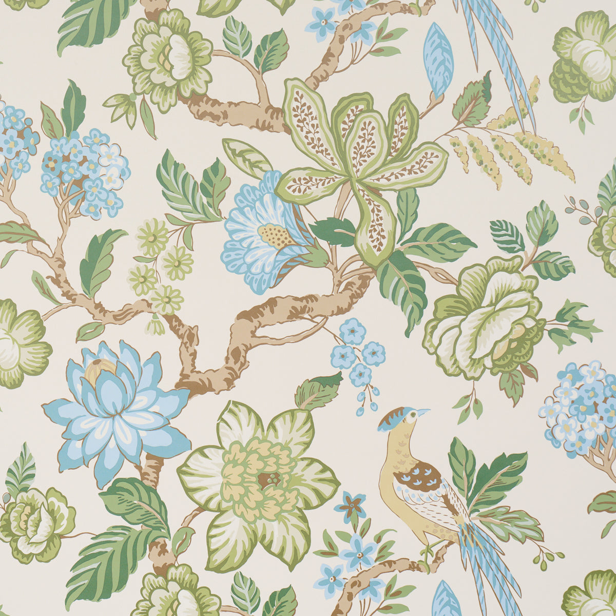 Cream background with botanical pattern: blue-green flowers, green leaves, brown branches, and a small beige-blue bird.