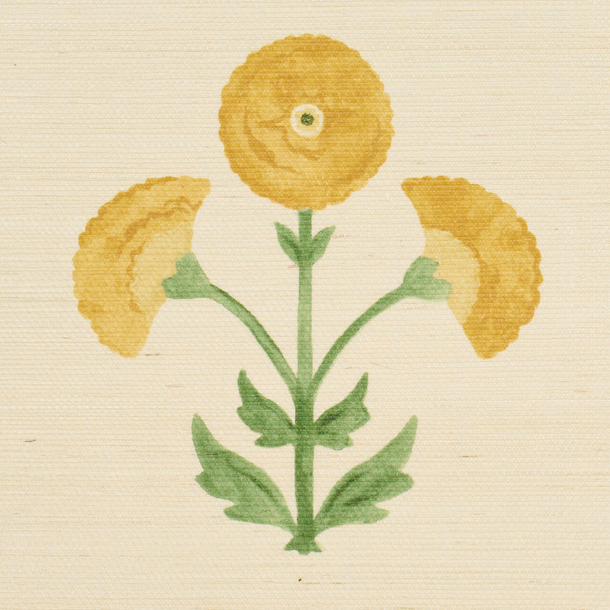 Saranda Flower Sisal wallpaper in marigold tone showing textured sisal surface with stylized floral pattern — ideal for elegant, artistic home interiors.