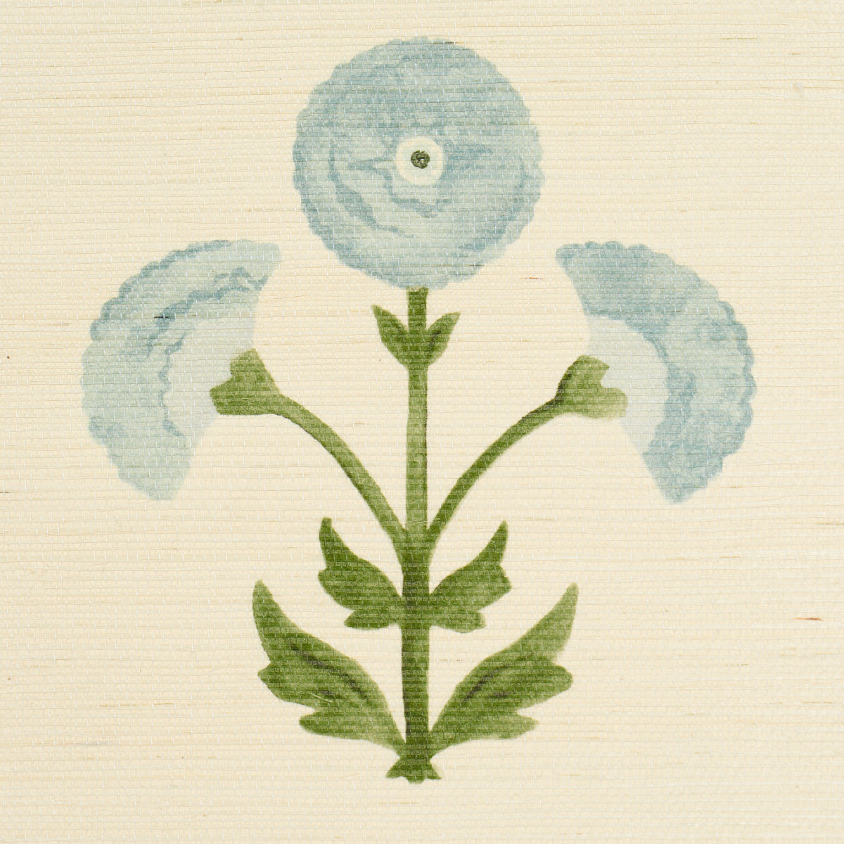 Closeƒ??up of Schumacher Saranda Flower Sisal wallpaper (SKU 5016671) showing textured paper-backed sisal fibers and stylized floral motifs in soft sky tones ƒ?? perfect for feature walls, accent wallpapers, and high-end interiors
