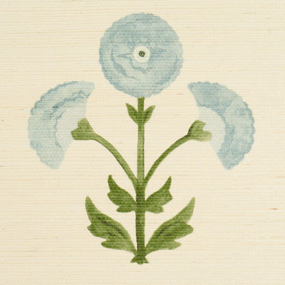 Closeƒ??up of Schumacher Saranda Flower Sisal wallpaper (SKU 5016671) showing textured paper-backed sisal fibers and stylized floral motifs in soft sky tones ƒ?? perfect for feature walls, accent wallpapers, and high-end interiors