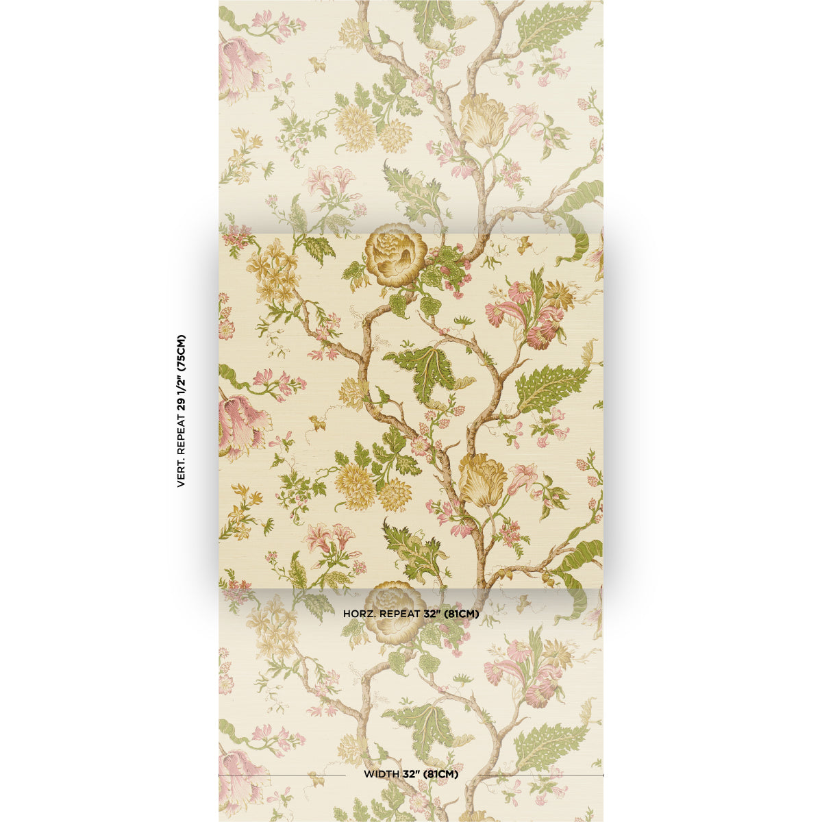 Pastel floral wallpaper with roses and leafy vines on cream background; repeating roll pattern.