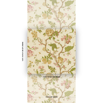 Pastel floral wallpaper with roses and leafy vines on cream background; repeating roll pattern.