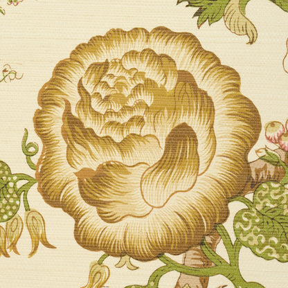 Vintage botanical textile print featuring a large golden peony with green leaves on beige textured background.