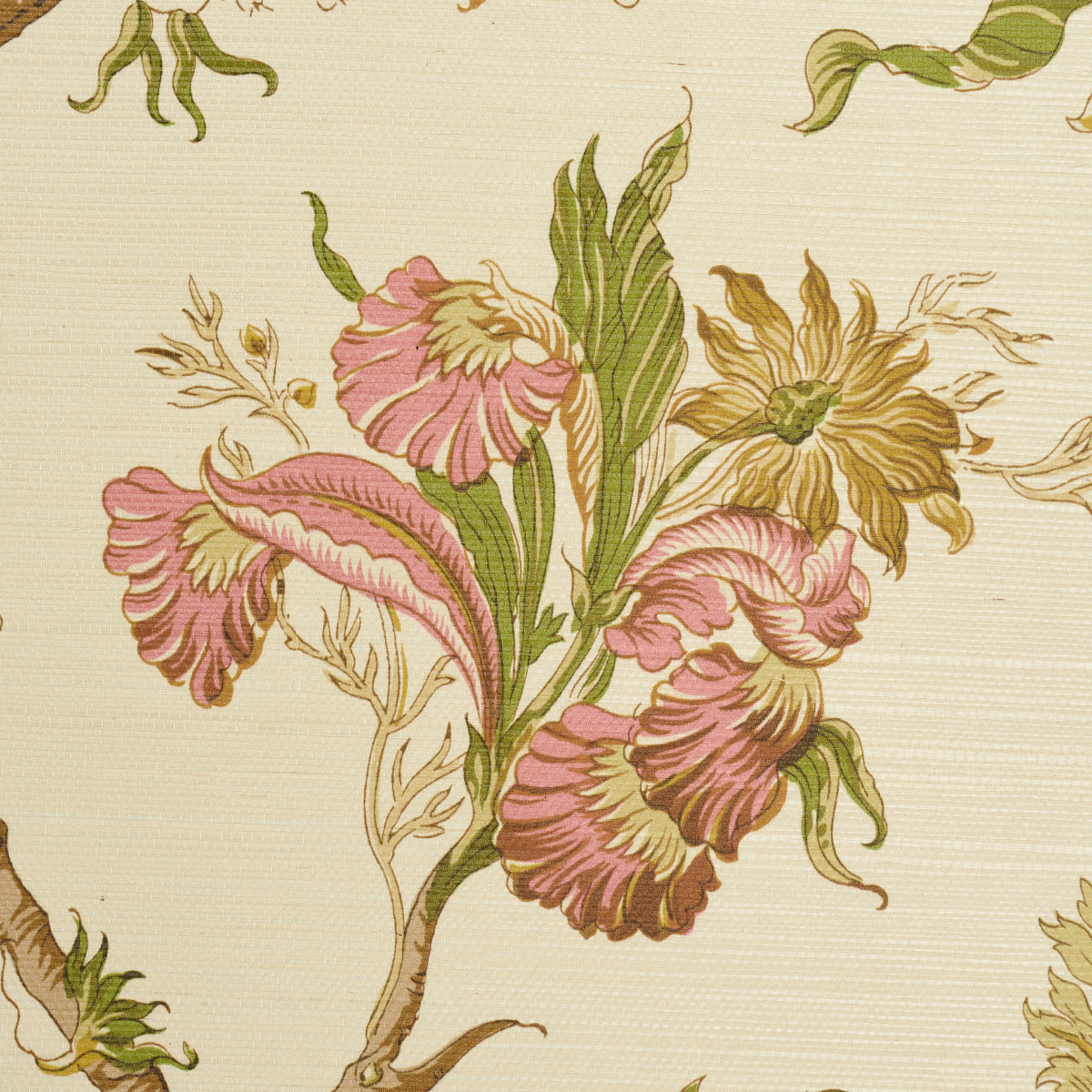 Beige wallpaper with pink and yellow flowers, green stems, vintage botanical floral print.