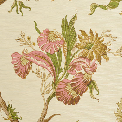 Beige wallpaper with pink and yellow flowers, green stems, vintage botanical floral print.