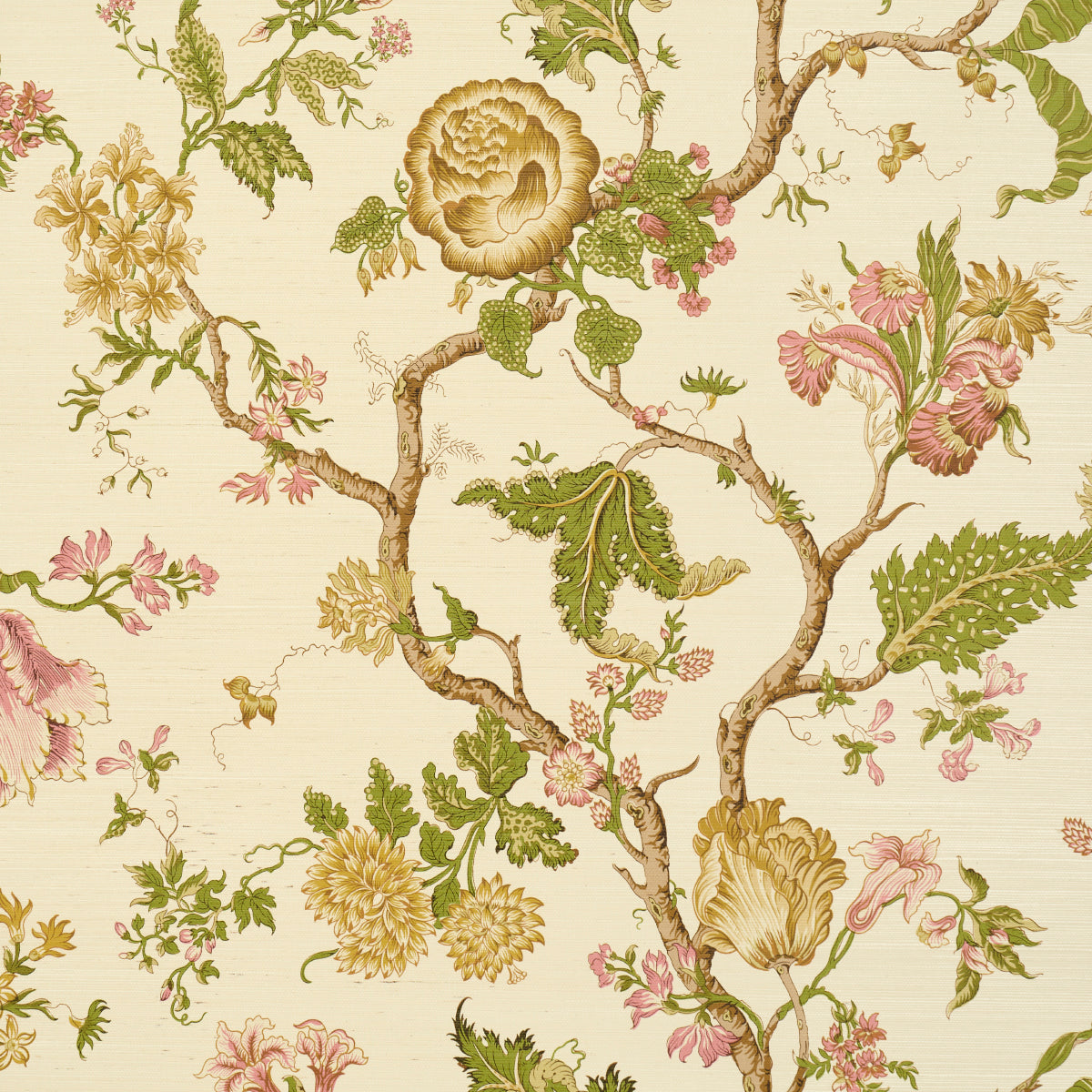 Vintage floral wallpaper pattern with twisting brown branches, large yellow and pink blossoms, and green leaves on cream.