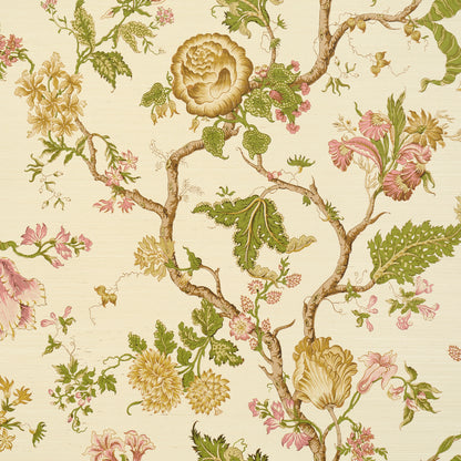 Vintage floral wallpaper pattern with twisting brown branches, large yellow and pink blossoms, and green leaves on cream.