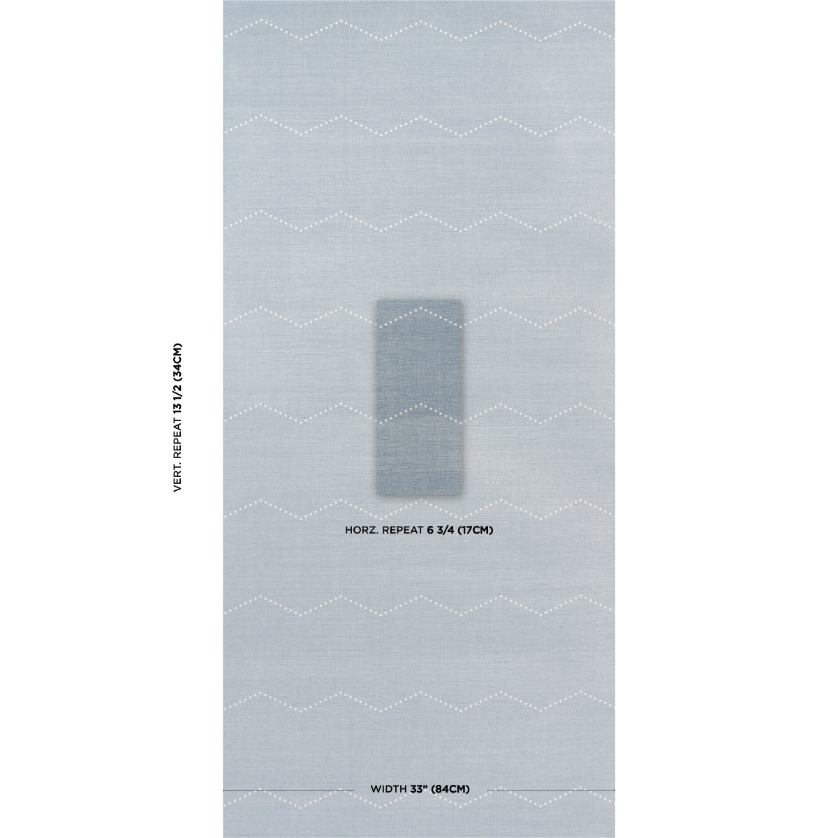 Light blue woven fabric with white zigzag stripes; centered darker blue fabric swatch on sample.