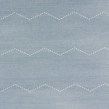 Blue linen-textured wallpaper with white dotted zigzag stripes across.