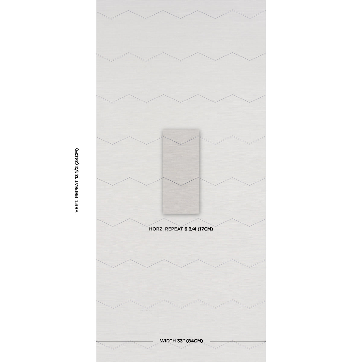 Light gray wallpaper with subtle lavender dotted zigzag repeats; center swatch; width 33 inches.