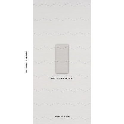 Light gray wallpaper with subtle lavender dotted zigzag repeats; center swatch; width 33 inches.