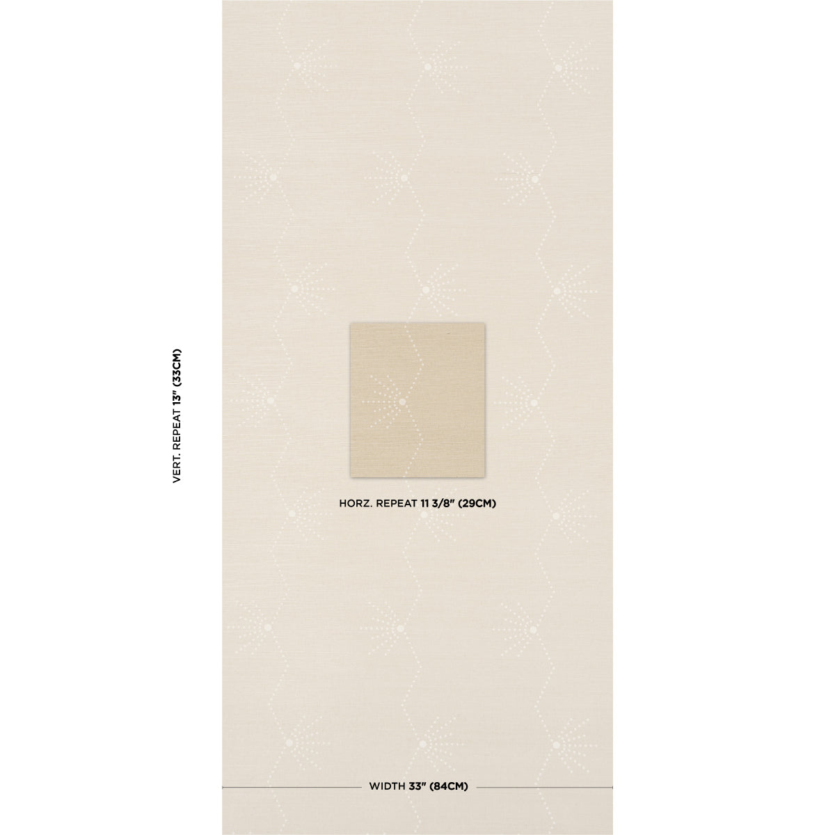 Beige wallpaper with subtle quilted diamond pattern and a central swatch; horizontal repeat 11 3/8", width 53