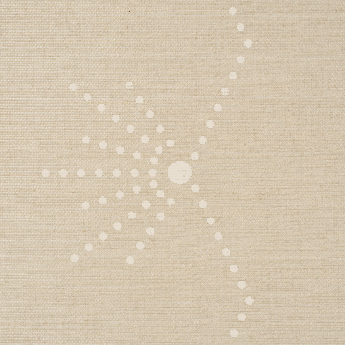 Beige linen-textured fabric featuring a white dotted starburst pattern; decorative upholstery or drapery fabric.