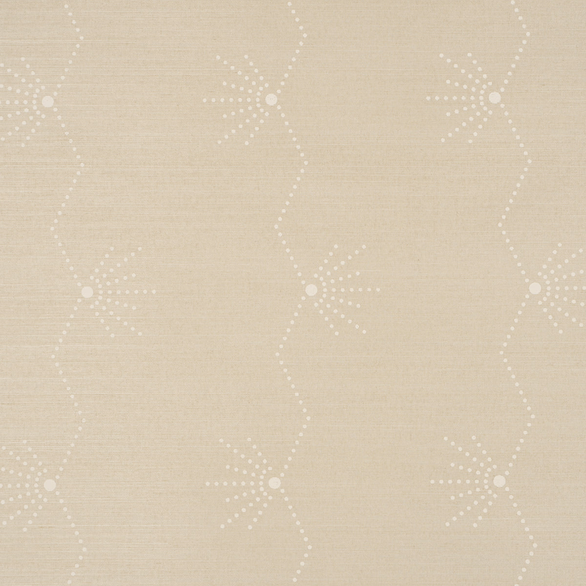 Beige linen-like textured wallcovering with subtle geometric starburst motifs connected by dotted lines in a lattice pattern.