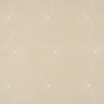 Beige linen-like textured wallcovering with subtle geometric starburst motifs connected by dotted lines in a lattice pattern.