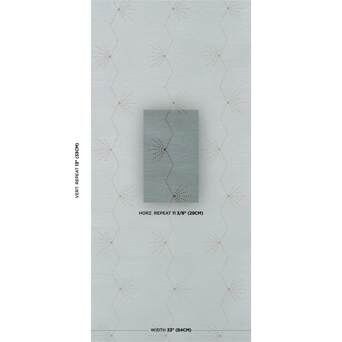 Vertical wallpaper sample in pale blue-gray with pink dotted star motif; central swatch showing repeat and width labels.