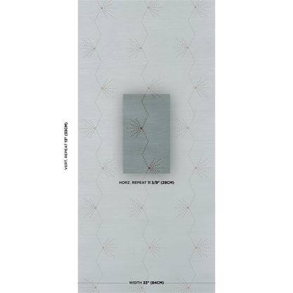Vertical wallpaper sample in pale blue-gray with pink dotted star motif; central swatch showing repeat and width labels.