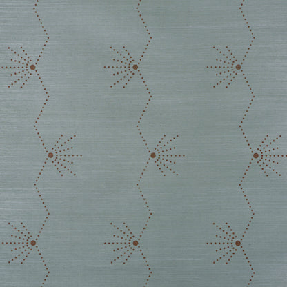 Muted blue-gray wallpaper with brown dotted sunburst motifs linked by zigzag lines.