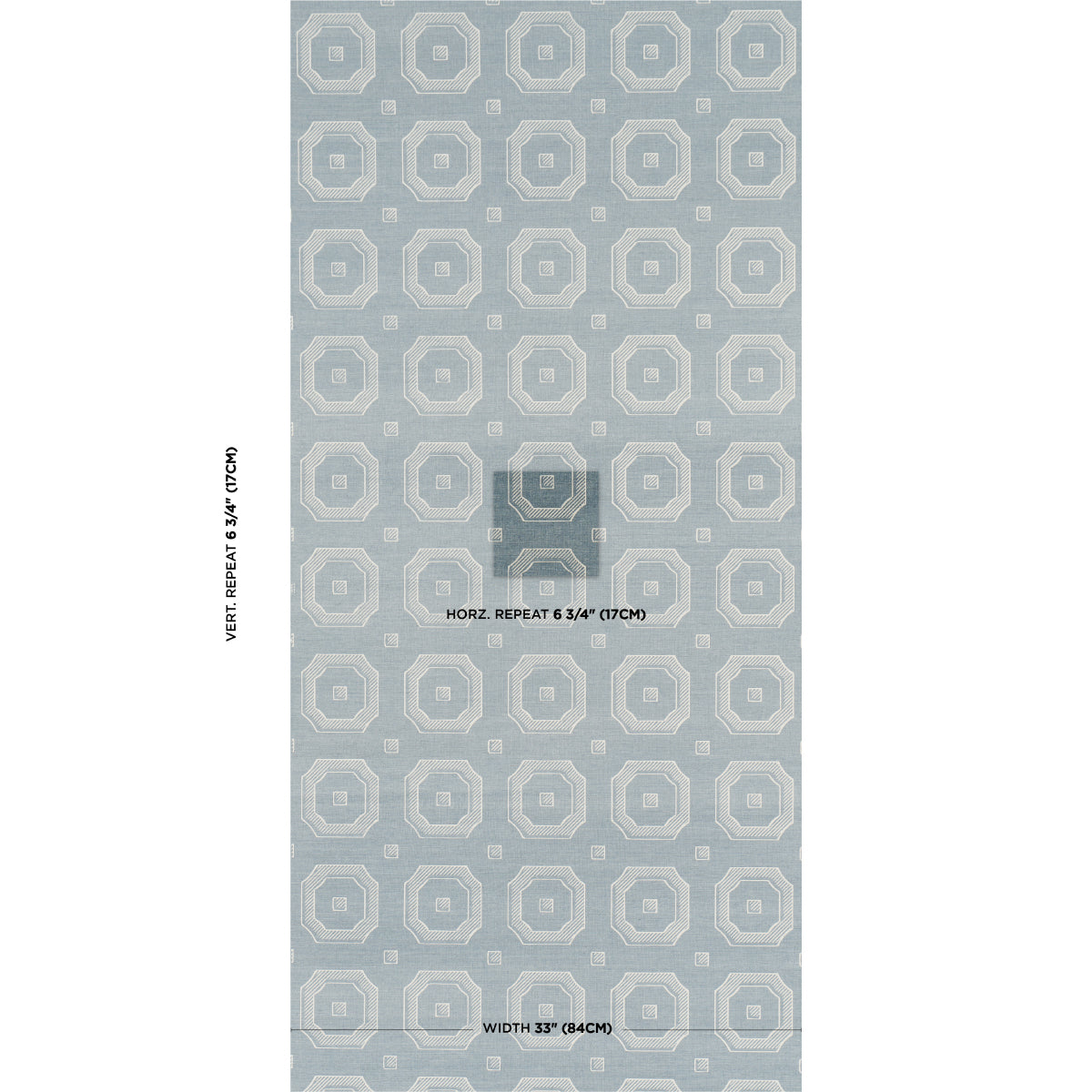 Long light blue wallpaper roll with repeating circular ring motif; modern geometric wall covering.
