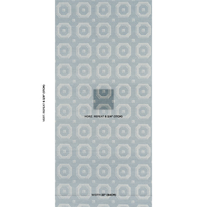 Long light blue wallpaper roll with repeating circular ring motif; modern geometric wall covering.
