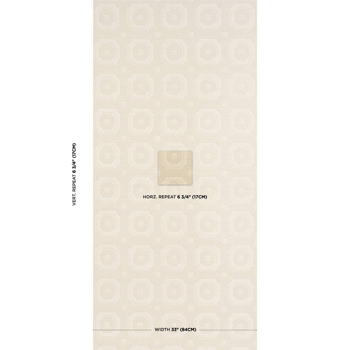 Beige wallpaper with subtle geometric octagon motif, vertical repeat, roll width shown on label.