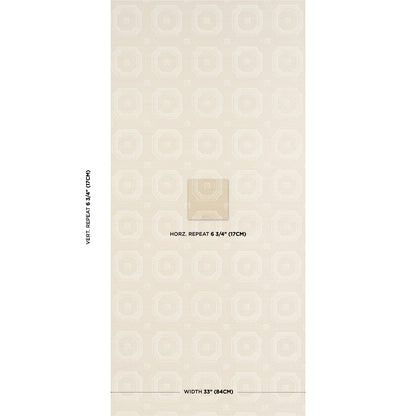 Beige wallpaper with subtle geometric octagon motif, vertical repeat, roll width shown on label.