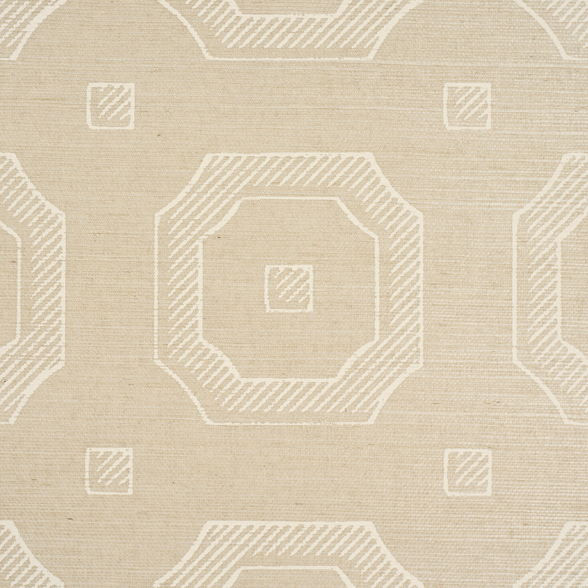 Beige woven fabric with white geometric octagon and square motif; versatile rug or upholstery textile.