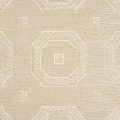 Beige woven fabric with white geometric octagon and square motif; versatile rug or upholstery textile.