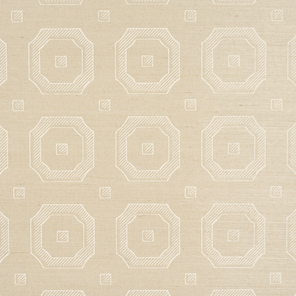 Beige wallcovering with white geometric octagon rings and small central squares in a repeating stitched pattern.